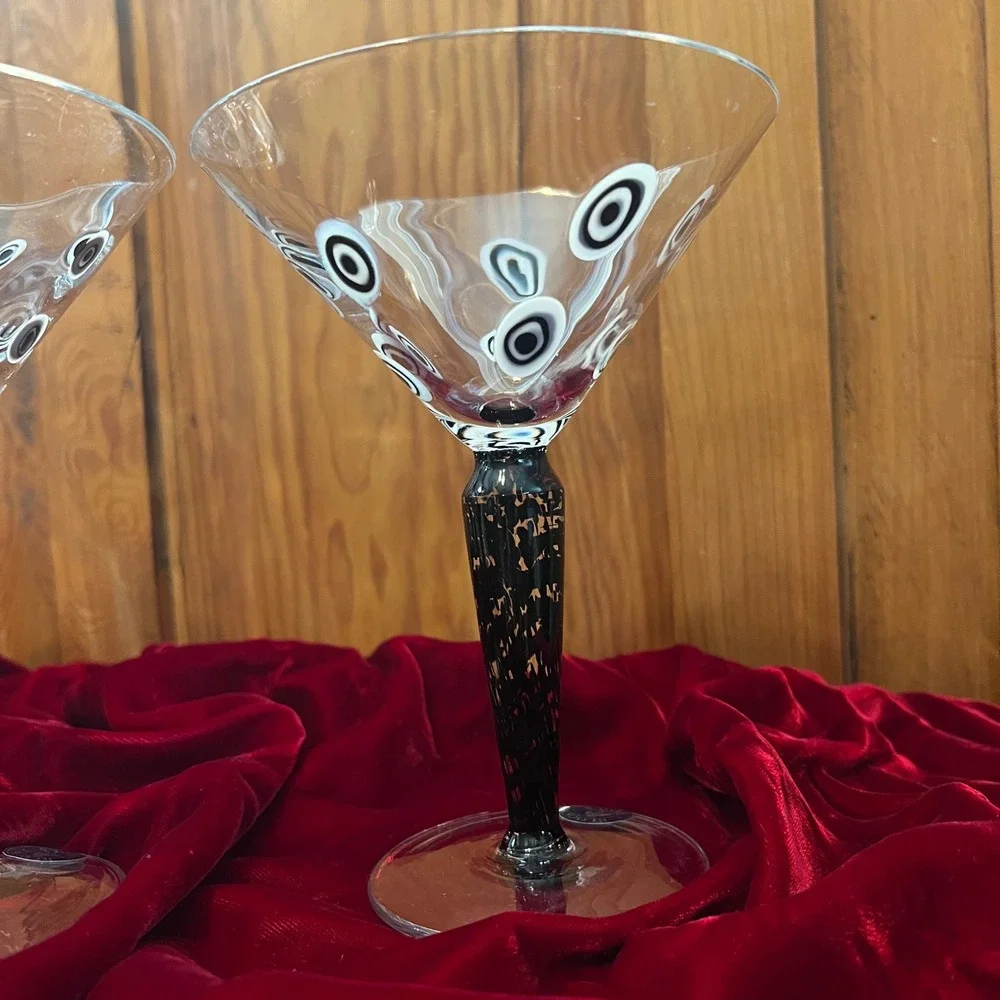 Murano Millefiori Hand Blown Martini Glasses Black White Murrine‎ Stem